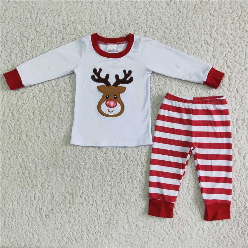 6 A18-28 Boys Embroidered White Deer Head Cotton Striped Pajamas