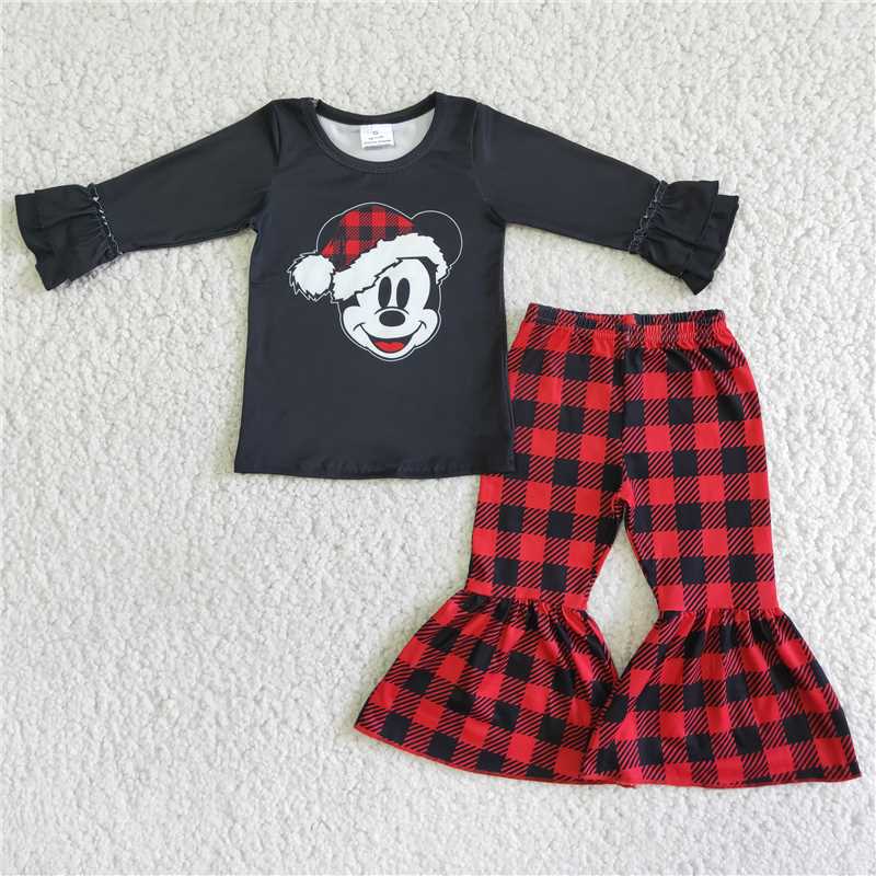 6 A4-11 Black Long Sleeve Red Plaid Flared Pants Set