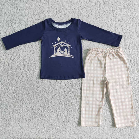 6 A11-1 Boys Dark Blue Long Sleeve Jesus Top Plaid Trousers