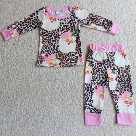 6 A4-26 Santa Leopard Print Long Sleeve Pants Pink Pajama Set