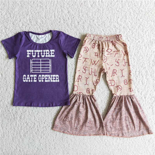 D6-30 Purple Letters Flared Trousers Set