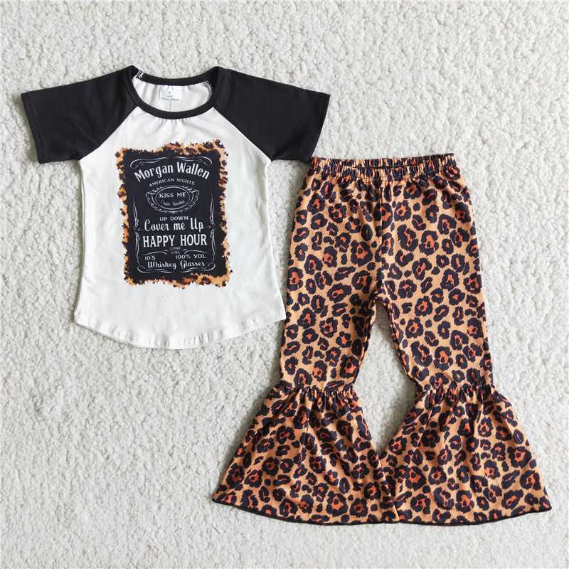 E2-20 Black Short Sleeve Top Leopard Pants Set