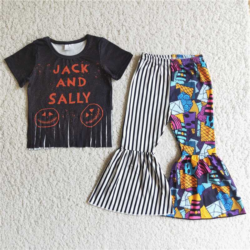 E4-12 Halloween fringed top striped panel flared pants