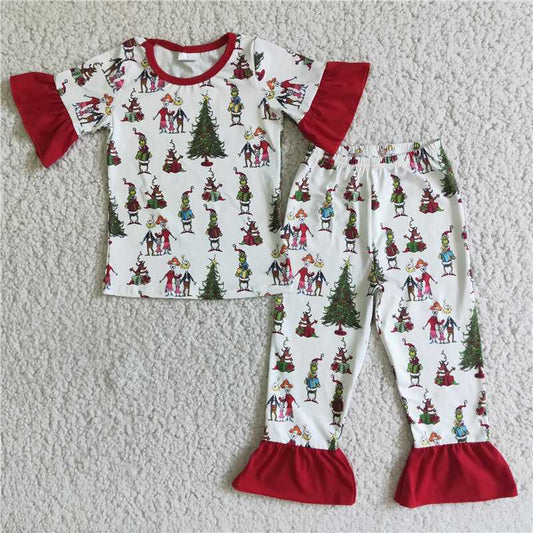 D2-4 Girls Christmas Tree Cartoon cute Short Sleeve Lace Suit Pajamas