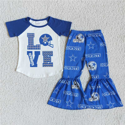 D10-26 LOVE blue short-sleeved cowboys flared pants suit