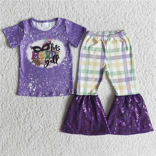 E5-17 Purple Short Sleeve Plaid Sequin Flare Pants
