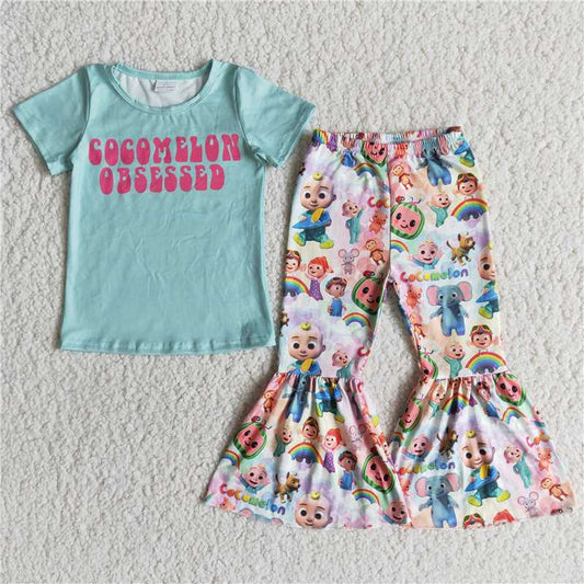 E6-4 Cartoon short-sleeved flared pants suit
