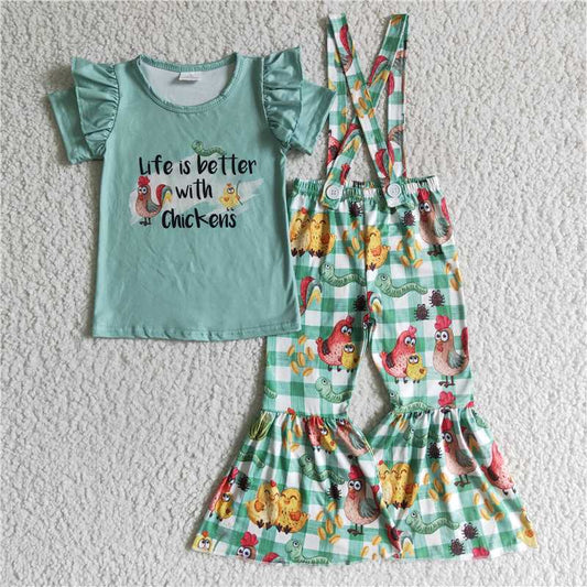 E9-15  Chick Fly Sleeve Top Overalls Set