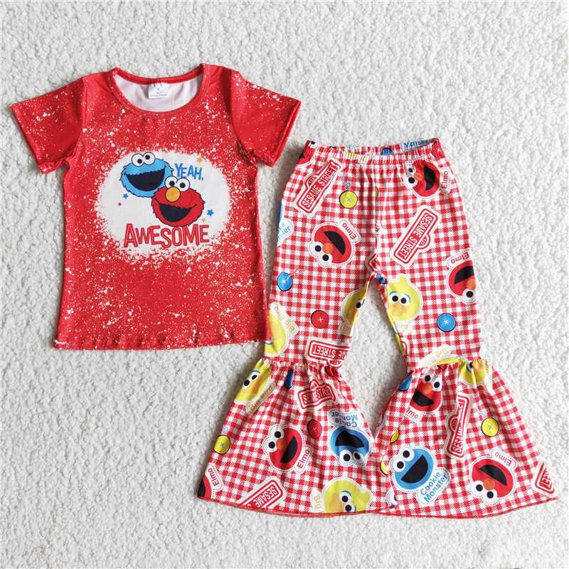 E11-17 Cartoon Print  Red Short Sleeve Flared Pants Set