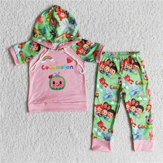 E11-26 Pink Hooded Short Sleeve Trousers Set
