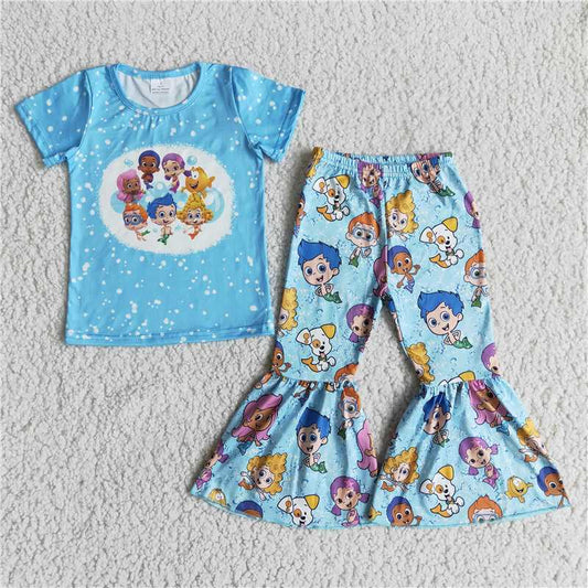 B0-26 Cartoon character blue short-sleeved flared pants suit