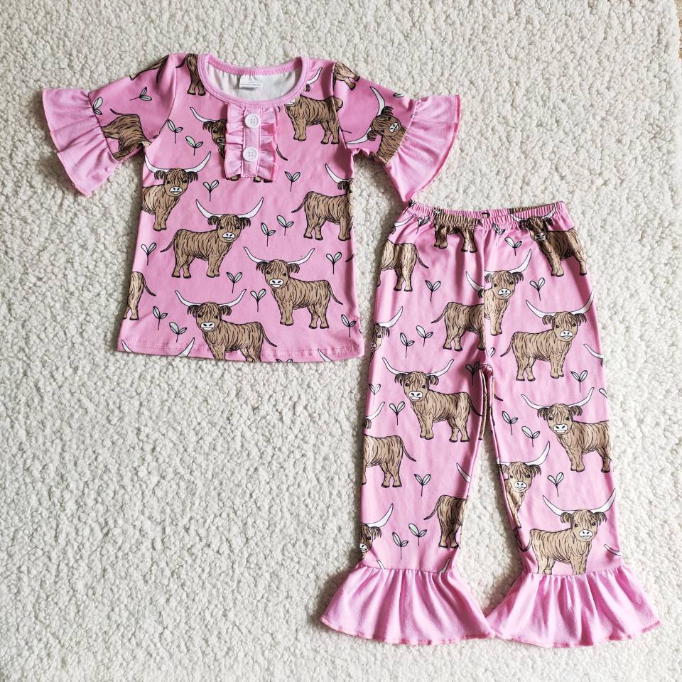 B7-25 Pink Bull Head Short Sleeve Pants Girls Pajamas