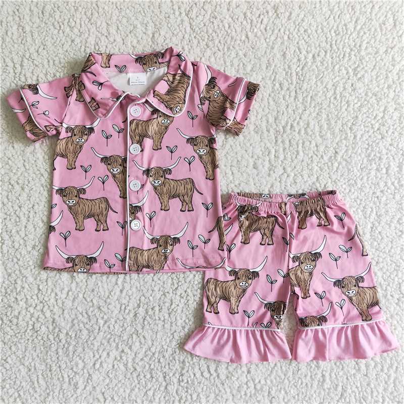 B11-28  Girls Bull Head Pink Short Sleeve Shorts Suit