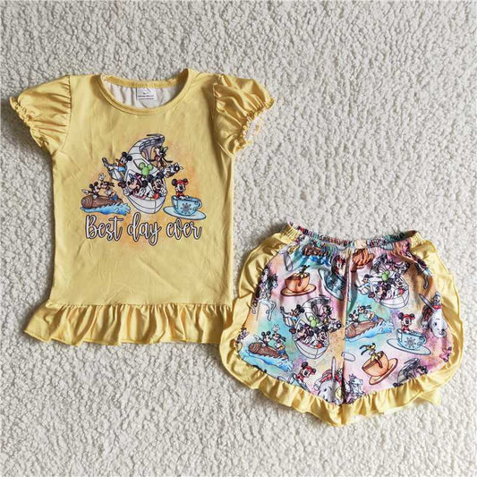 B13-25 Cartoon Yellow Short Sleeve Shorts Suit