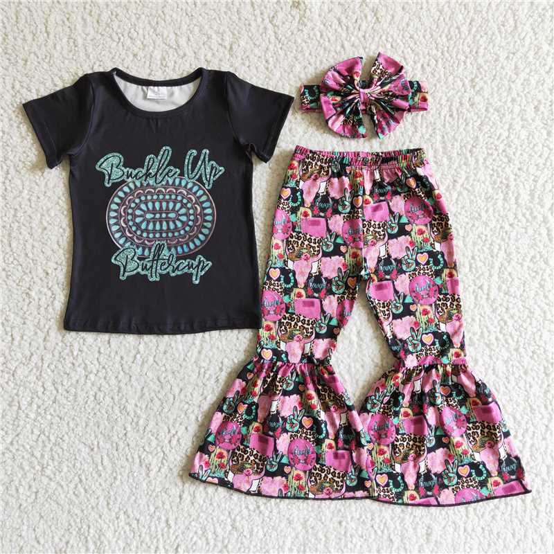 GSPO0039 Black Jewel Short Sleeve Pink Flared Pants Set