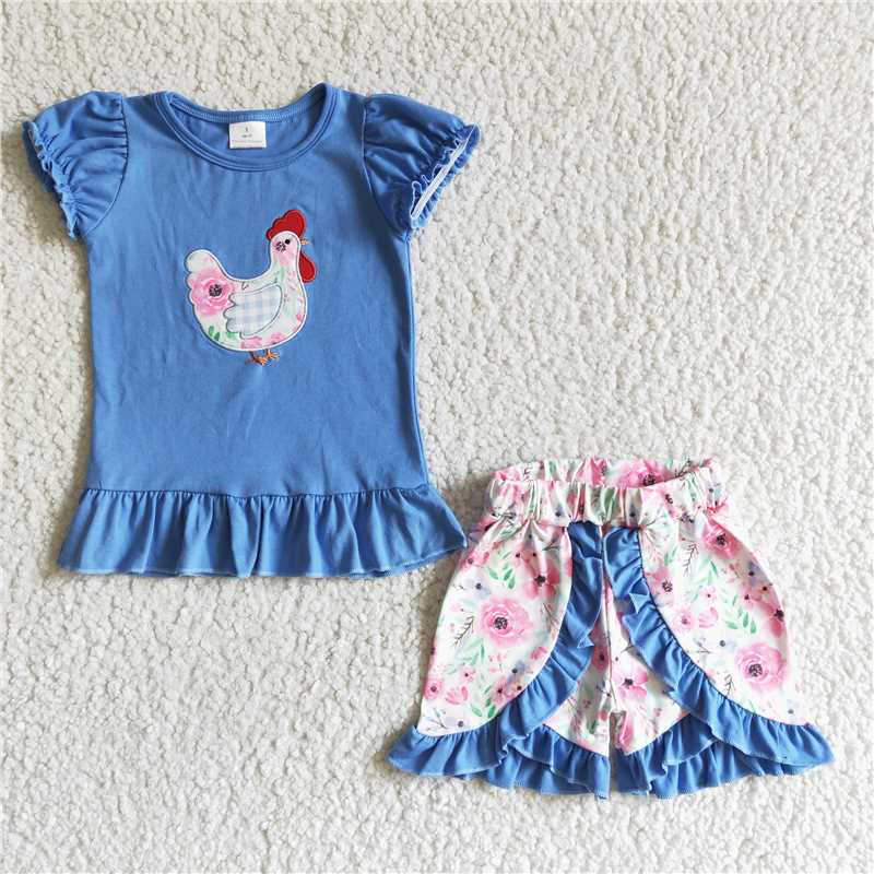 GSSO0020 Blue Cute Embroidered Hen Short Sleeve Floral Shorts