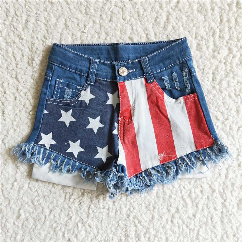 NC0003 National Day Striped Star Denim Shorts