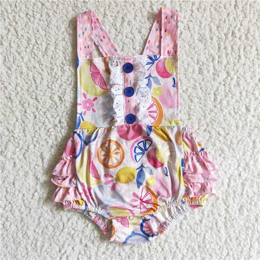 S0016 New summer Girls Pink Sling Button Fruit One Piece Swimsuit