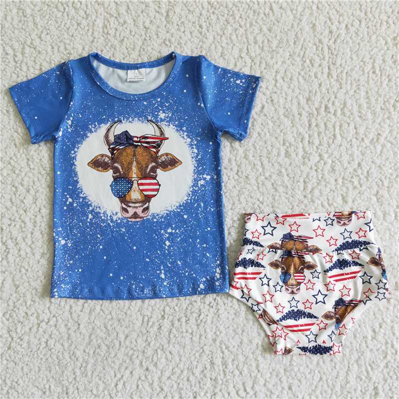 GBO0034 Girls National Day Bull Head Blue Short Sleeve Briefs Suit