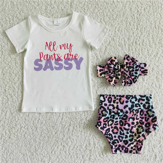 GBO0021 Girls SASSY White Short Sleeve Colorful Leopard Briefs Suit with bow