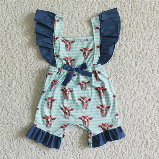 SR0004 New summer Light Green Bull Head Flying Sleeves Lace Bow Striped Bodysuit