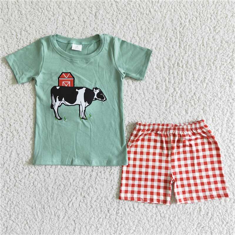 BSSO0001 Light Green Embroidered Cow Short Sleeve Mesh Shorts Set