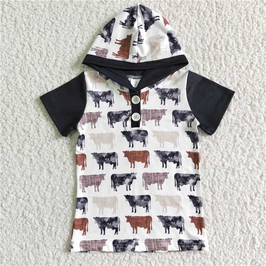 BT0009 Boys Black Short Sleeve Hooded Cow Button Down Shirt