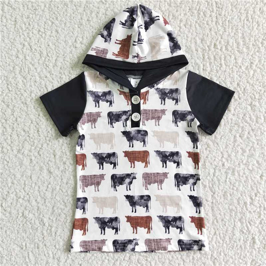 BT0009 Boys Black Short Sleeve Hooded Cow Button Down Shirt D 7.12