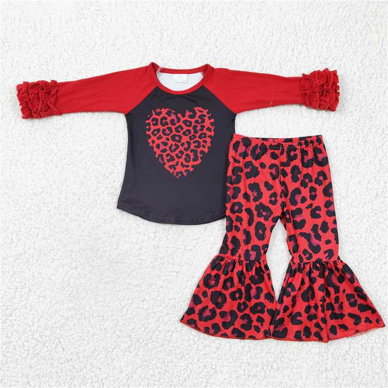 GLP0390 Girls Red Leopard Heart Long Sleeve Trousers Set