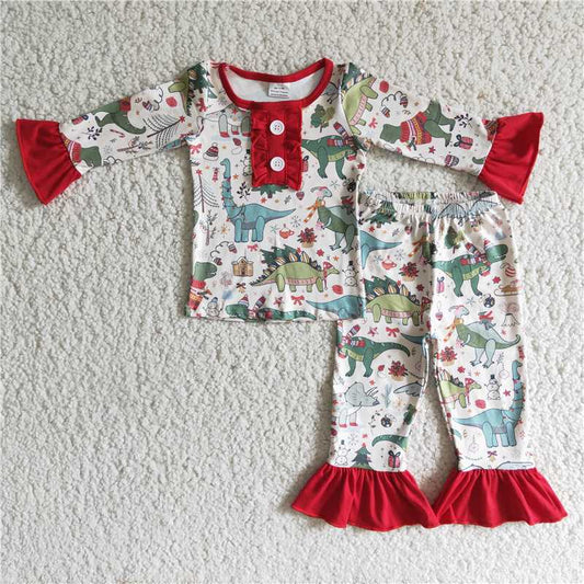 6 A4-30 Baby Girls Button Dinosaur Pajama Set