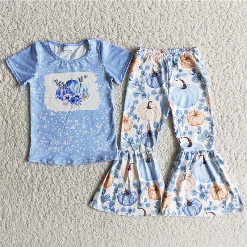 B9-13 Halloween Pumpkin Blue Short Sleeve Pants Set