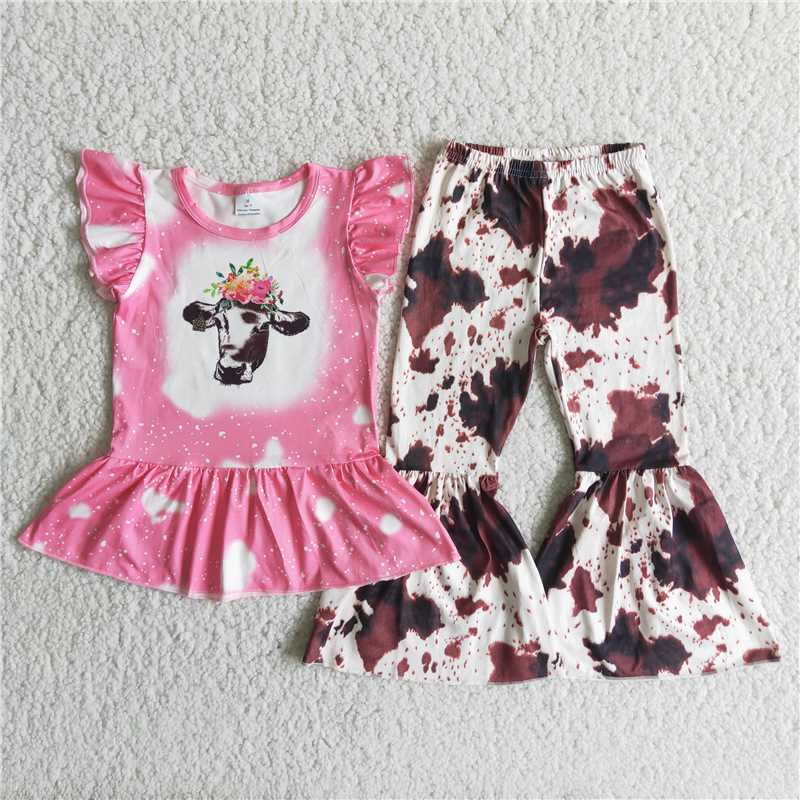 C8-13 Bull Tau Pink Short Sleeve Top Ink Pattern Flared Pants Cover Set