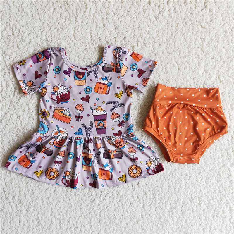 A5-4 Pumpkin Cup Purple Short Sleeve Top Orange Polka Dot