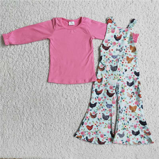 6 B4-5  pink top chick overalls set