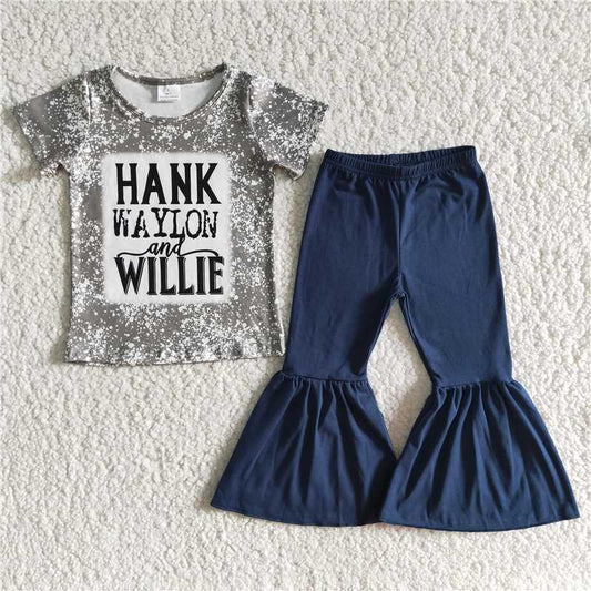 E6-13 Short Sleeve Top Dark Blue Flared Pants Set