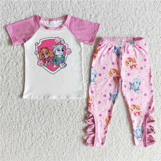 E6-29 Cartoon dog pink short-sleeved trousers suit