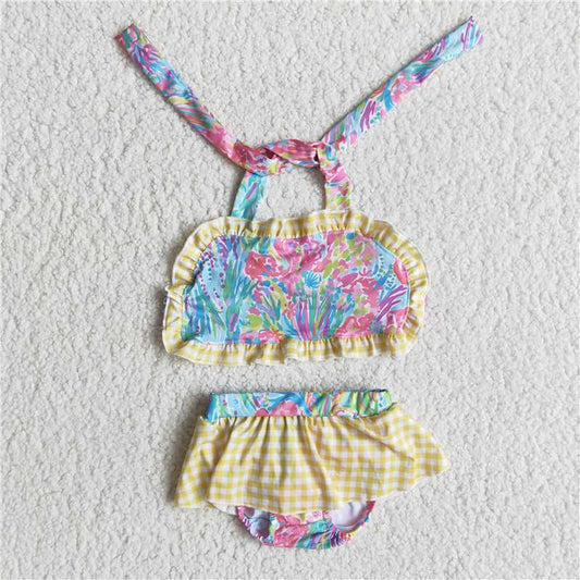 E10-20 Tie-Dye Watercolor Plaid Tie-Up Swimsuit Set