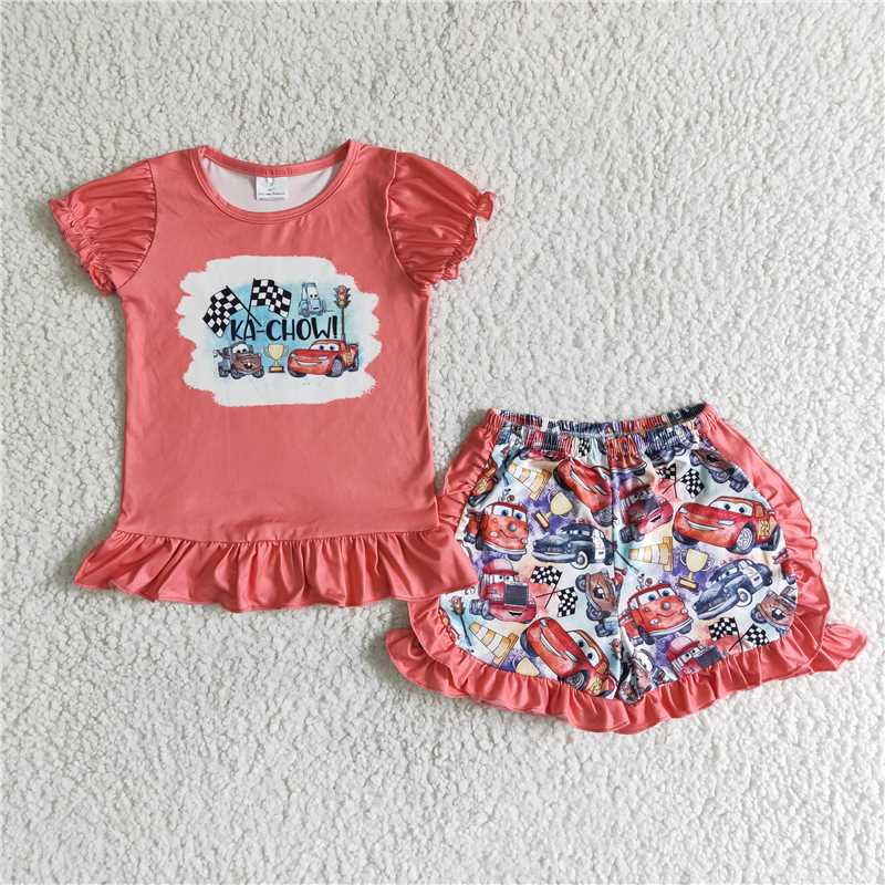 C1-30  cartoon cars ruffle shorts set
