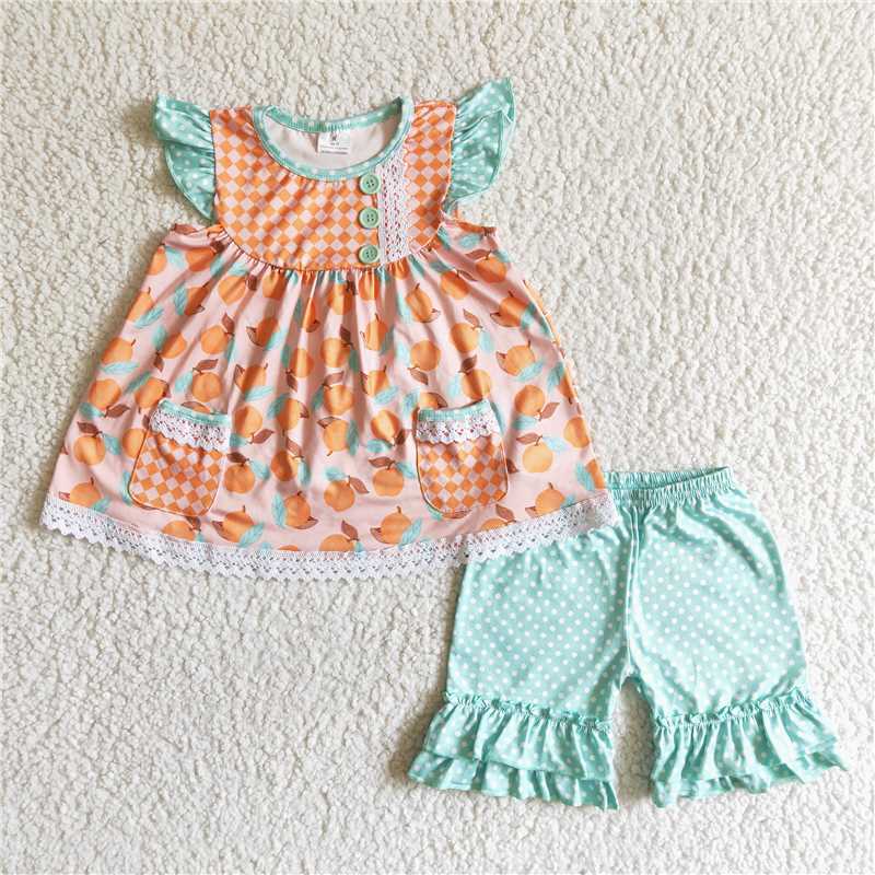 C2-13 Button Polka Dot Green Flying Sleeve Shorts Set