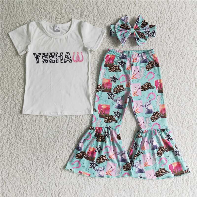 GSPO0032 White Short Sleeve Green Flared Pants Suit