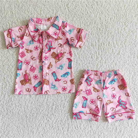 GSSO0021 Pink Boots Short Sleeve Shorts Set