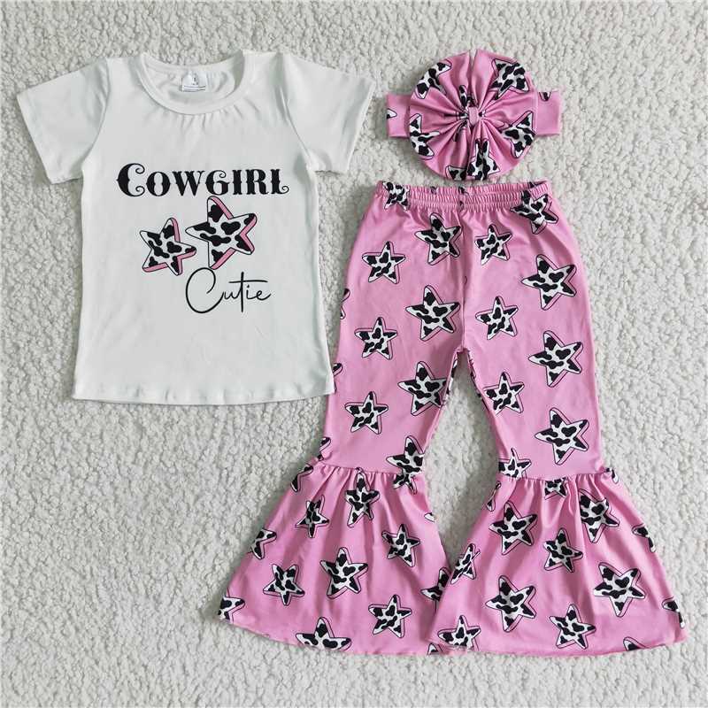 GSPO0044 White Short Sleeve Pink Star Flared Pants Suit