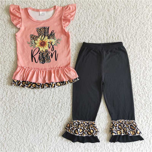 EC0003 Easter Cross Orange Leopard Fly Sleeve Black Pants Set
