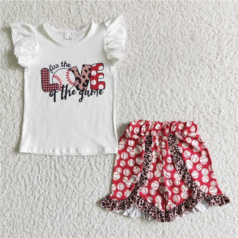 GSSO0008 Love Baseball White Flying Sleeve Short Sleeve Red Leopard Shorts Suit