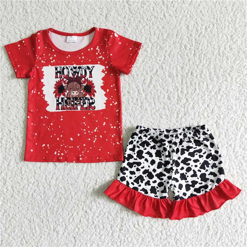 GSSO0043 Cow Head Red Short Sleeve Cow Lace Shorts Suit