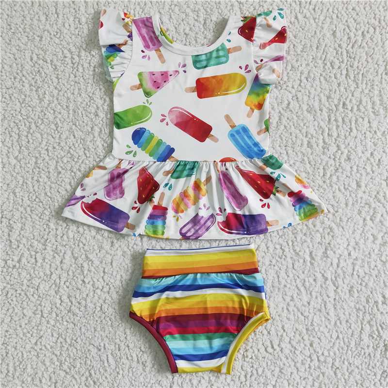 GBO0013 Girls Popsicle Colorful Striped Sleeveless Briefs Set