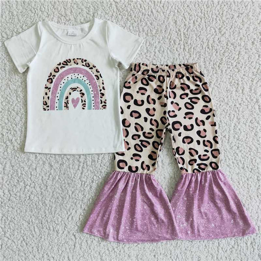 GSPO0036 White Short Sleeve Leopard Print Pink Trim Flared Pants Set