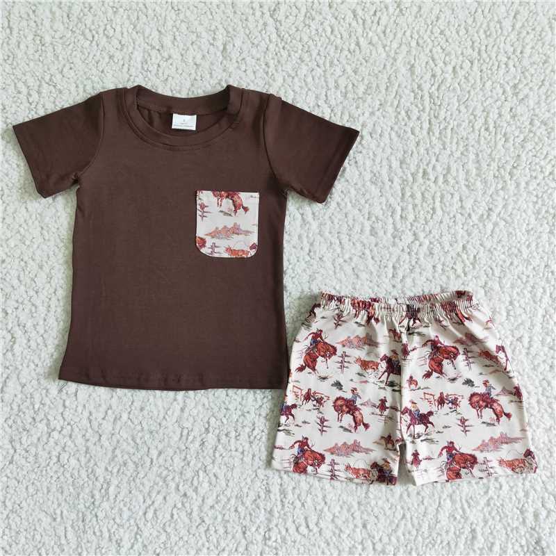 BSSO0015 Brown Short Sleeve Rider Shorts Set with Pockets