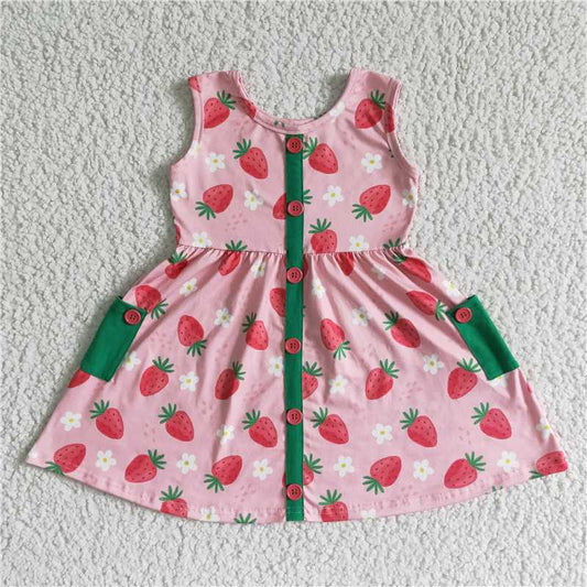 GSD0037 Pink Strawberry Tank Top Sleeveless Green Pocket Button Skirt