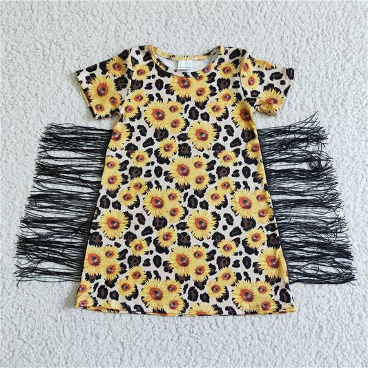 GSD0055 Girls Sunflower Leopard Print Fringe Short Sleeve Skirt